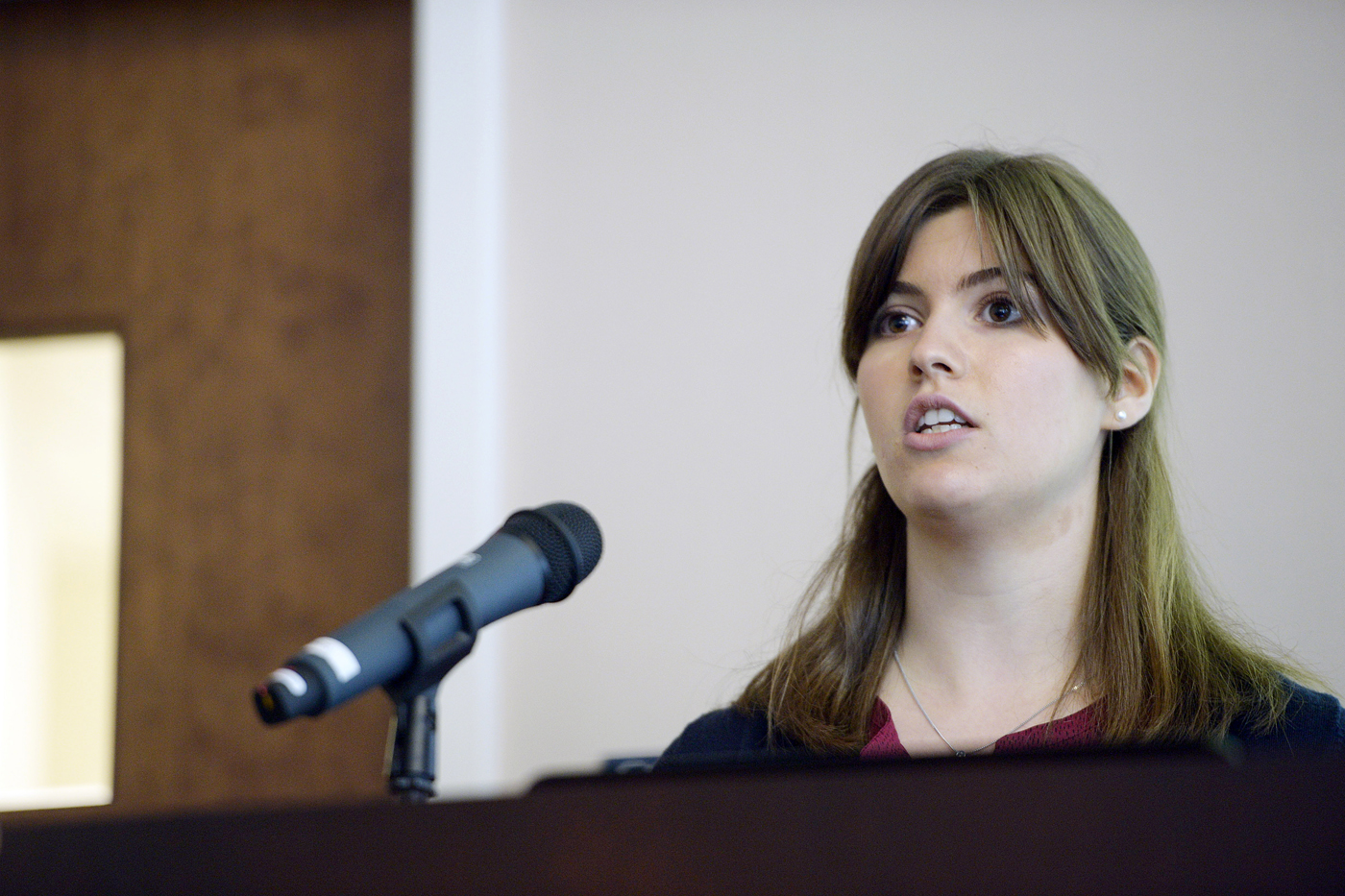 Rachel Fontana, S'17, presents on her research co-op through the CaNCURE program at Nanomedicine Day on June 15 in Dodge Hall. Photo by Matthew Modoono/Northeastern University