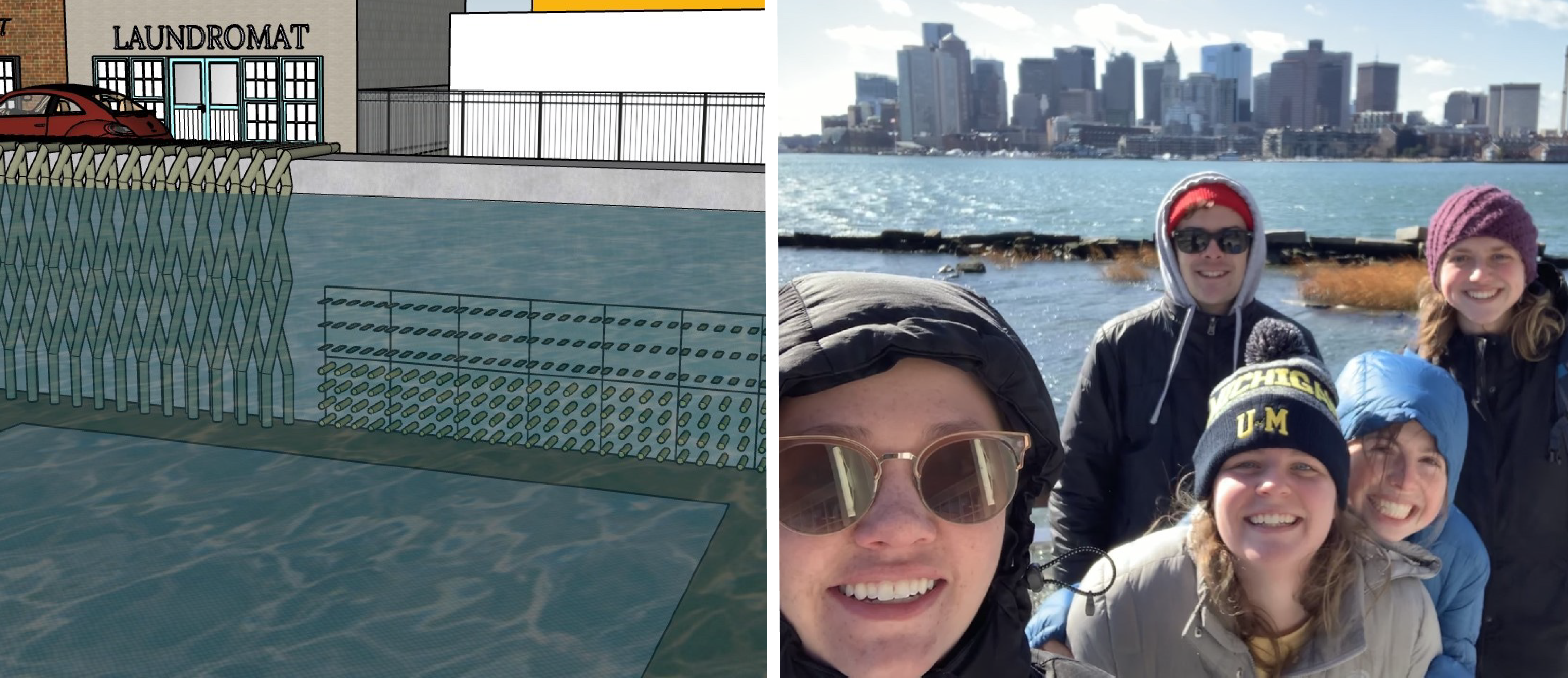 capstone team standing outside with Boston skyline and ocean in background