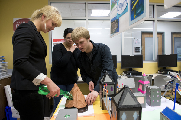 First-year engineering students in an engineering design course presented their team-based final projects, which included creating prototype museum exhibits to communicate complex engineering topics to younger students. Photo by Brooks Canaday.