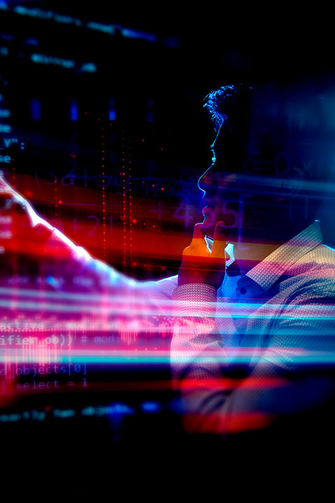 abstract of person working on computer screen with artificial intelligence on screen